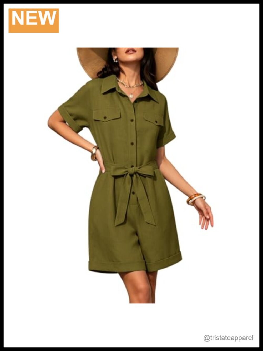 Linen Blend Cargo Romper V Neck Button Up Short Sleeve Jumpsuit Summer